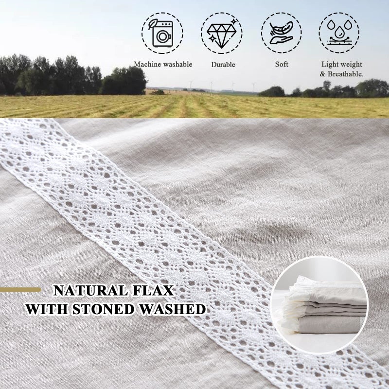 Simple&Opulence 100% Linen Duvet Cover Set (104"x92") Floral Flax King Size, Shabby Chic Ruffle Edge Lace Insert Decoration, 3 Pcs Farmhouse Bedding-1 Comforter Cover 2 Pillow Shams, Floral Grey - Image 3